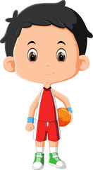 The cute boy is a basketball player and holding the orange basket ball