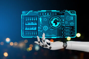 Futuristic industry 4.0 concept, Robots hand with graphic interface showing automation design, robot operation, usage of machine deep learning for future manufacturing.