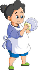 The maid is cleaning and drying the dishes with the cloth