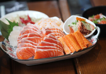 Set of salmon sashimi and crab sticks,japanese food style