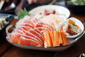 Set of salmon sashimi and crab sticks,japanese food style