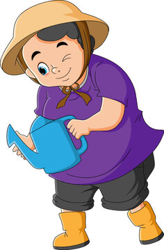 gardener watering plants, purple shirt, blue can