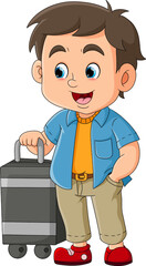 The cool boy is waiting for bus and bring a suitcase