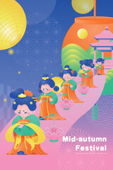Obraz na płótnie Canvas Creative Illustration of Chinese girls appreciating lanterns