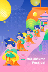 Creative Illustration of Chinese girls appreciating lanterns