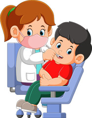 The boy is checked up his teeth by the dentist in clinic