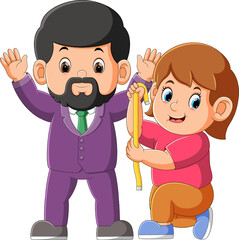 The tailor is measuring a guy to have a good suit