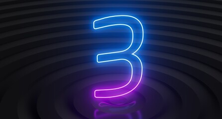 Number three glowing in the dark, pink blue neon light