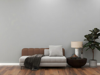Room with brown white sofa, gray wall, round rattan table, table lamp, and plant. 3d illustration. 3 rendering