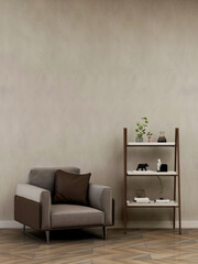 Mockup room with brown romance with single sofa, and shelves. 3d illustration. 3 rendering