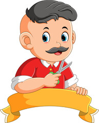 The logo of the barber man with the golden ribbon