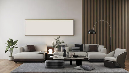 Mockup room with long empty frame, white wall and decorative wood wall, sofa and table sets, floor lamp, and grey carpet . 3d illustration. 3 rendering