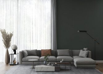MMockup room with a green wall, huge window, white sofa set,  grey carpet, pampas grass. 3d illustration. 3 rendering