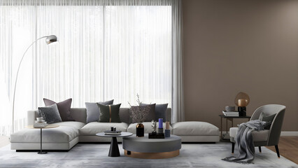 Mockup room with a brown wall, huge window, white sofa set, and grey carpet. 3d illustration. 3 rendering