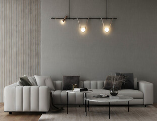 Mockup room  white sofa and pillow, hanging lamp, and decorative wall. 3d illustration. 3 rendering