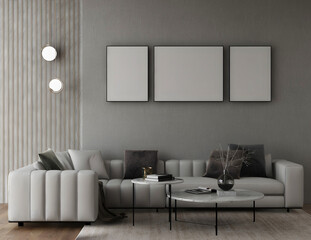 Mockup room 3 empty frames, white sofa and pillow, hanging lamp, and decorative wall. 3d illustration. 3 rendering