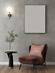 Mockup room with empty frame, leather chair, table and vas, concrete wall. 3d illustration. 3 rendering