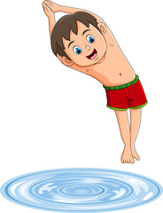The cute boy is jumping to the swimming pool with the good movement