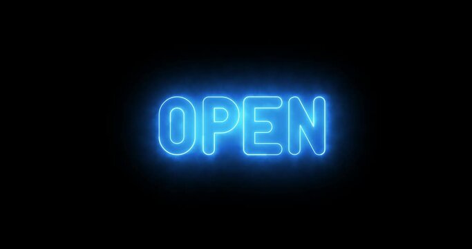 Glow neon text open sign for a shop blue glowing open sign