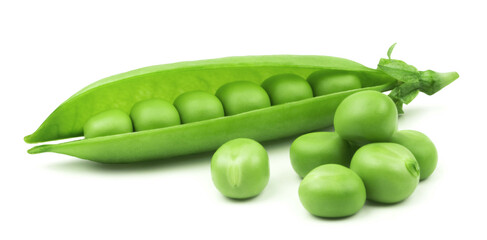Peas isolated. Pod of green peas and pea kernels on a white background.