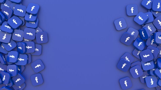 3D rendering a bunch of facebook's square badges over blue background