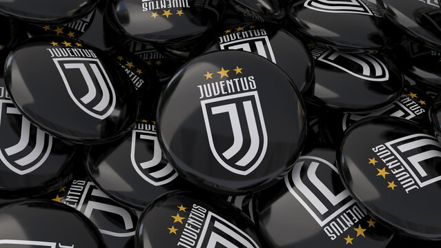 3d rendering of a lot of badges with te Logo of Juventus Football Club - Italian Soccer Team