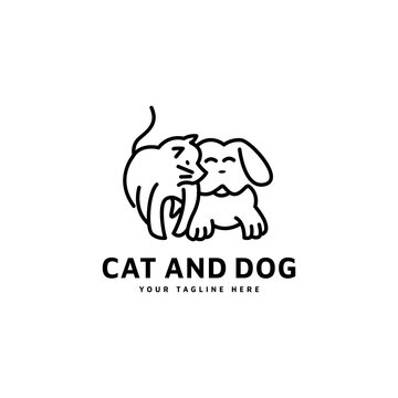 Cat and dog line art template logo with minimalist monoline style vector illustration