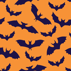 Fototapeta premium Vector illustration of Halloween bat silhouette pattern seamless on orange background