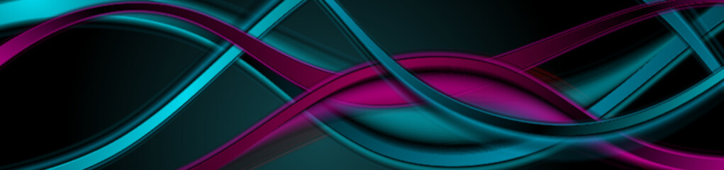 Purple and blue glowing shiny waves abstract elegant background. Vector banner design