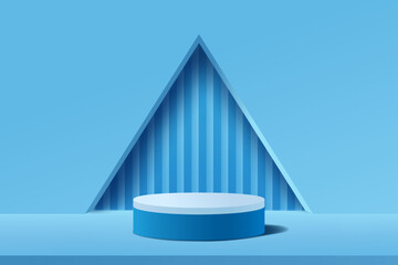 Empty 3d round podium with blue abstract geometric shape and triangular hole wall
