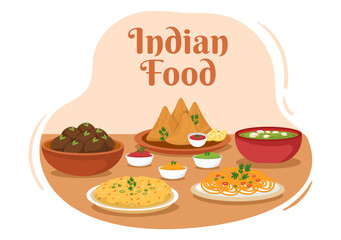 Indian Food Cartoon Illustration with Various Collection of Delicious Traditional Cuisine Dishes in Flat Style Design