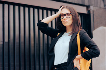 Stressed Woman Going to Work Forgetting Something Important. Unhappy disappointed businesswoman...