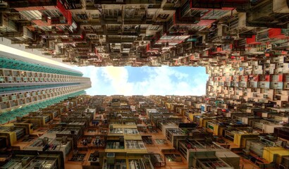 Low angle view of crowded residential towers in an old community in Quarry Bay, Hong Kong ~ Scenery of overcrowded narrow apartments, a phenomenon of high housing density & housing blues in HK