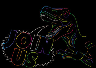Dinosaur with speech bubble saying Join Us word. Tyrannosaurus Rex with thoughts.