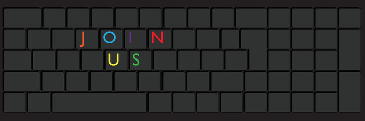 Computer Keyboard with Join Us text. Close-up of an electronic Computer Device part, keypad.