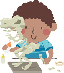Kid Boy Assemble Mini Dinosaur Bones Illustration