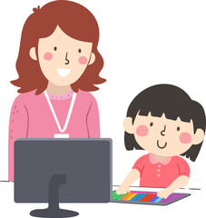 Kid Girl Typing Keyboard Teacher Girl Illustration