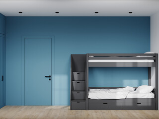 A room in blue navy colors- a wall, a wardrobe, a door. Gray bunk bed with drawers. The space of a hostel or boys room in a minimalist style. Black spots and wood floor. 3d rendering