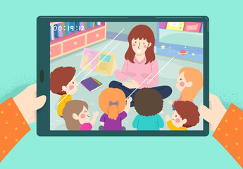 Kid Hands Class Live Streaming Tablet Illustration