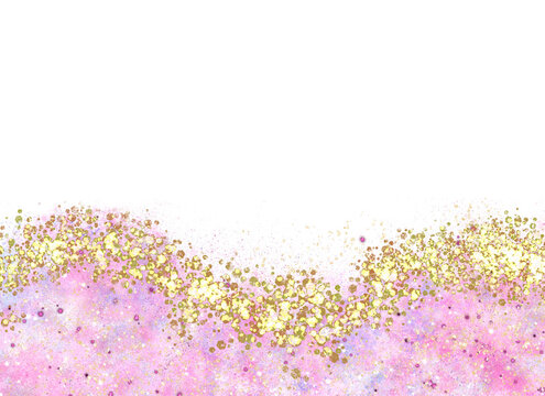 Luxury alcohol ink border. Elegant princess style background. Decoration for social media and stationary.  Lilac fluid painting and golden glitter edge. 