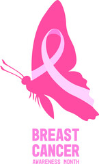 Pink ribbon design with butterfly symbol. Breast cancer awareness month campaign. Vector illustration.