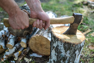 A man is chopping a birch log with an hatchet. Hobbies and outdoor recreation