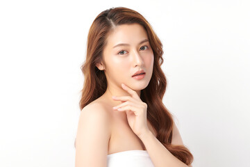 Fototapeta premium Beautiful young asian woman with clean fresh skin on white background, Face care, Facial treatment, Cosmetology, beauty and spa, Asian women portrait.