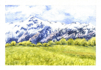 Watercolor drawing summer mountain landscape