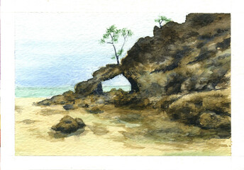 Watercolor drawing rock on the sea with tree on it