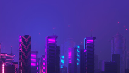 Obraz na płótnie Canvas 3d render of Cyber night mega city landscape scene. Light glowing and reflection on dark tech scene. Night life. Technology network for 5g. Beyond futuristic of Sci-Fi Capital city and building scene.
