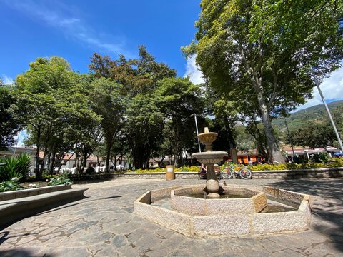 Sunny day in the central park of Tabio, Cundinamarca, Colombia. water source