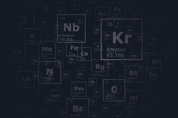 Background of the chemical elements of the periodic table with their atomic number, atomic weight, element name and symbol on a black background