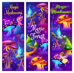 Fototapeta na wymiar Magic mushrooms in fairytale forest. Glowing fluorescent light fantasy fungi background. Vector banners with luminous fairy, magical mushroom and flying fairy with magic wand