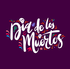 Dia de Los Muertos. Day of Dead mexican holiday banner. Mexican party, festival or carnival vector background with flower ethnic ornaments, skull and typography. Day of Dead celebration symbol